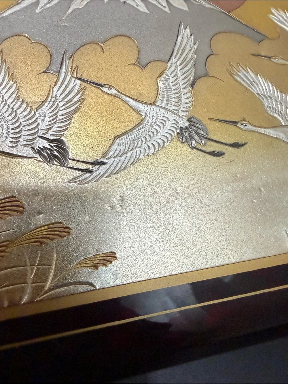 Vintage Japanese Lacquer Chokin Landscape Mt Fuji Flying Cranes Music Box Sakura